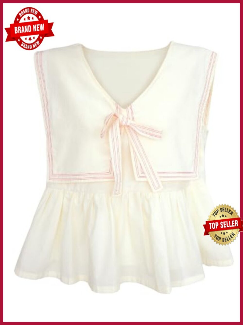 Sleeveless Sailor Collar Blouse with Front Tie Bow and Embroidery Preppy Summer